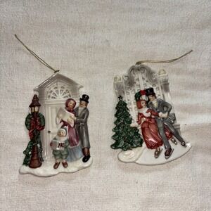 Porcelain 2pc Christmas Ornaments Old Time Caroling‎ Ice Skating Two Sided